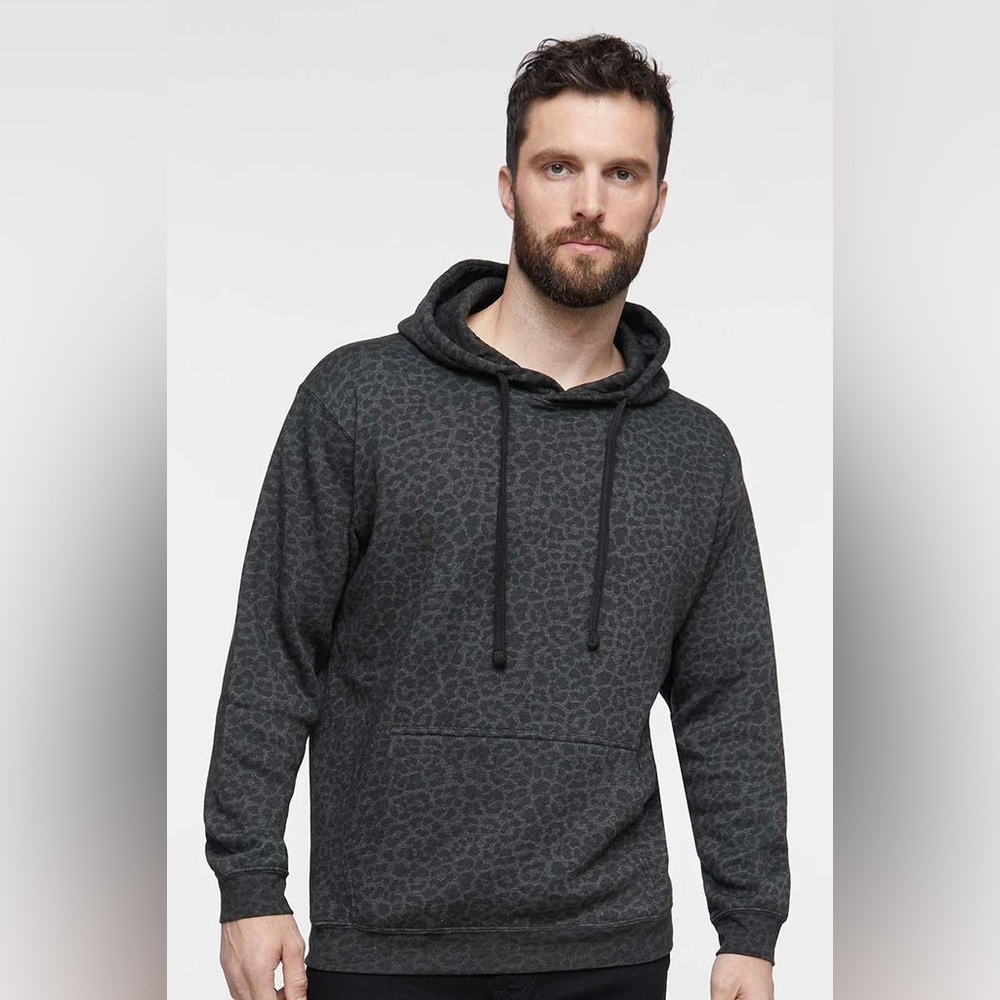 LAT Mens Elevated Fleece Basic Hooded Sweatshirt Hoodie Gray Leopard‎ S (A8)